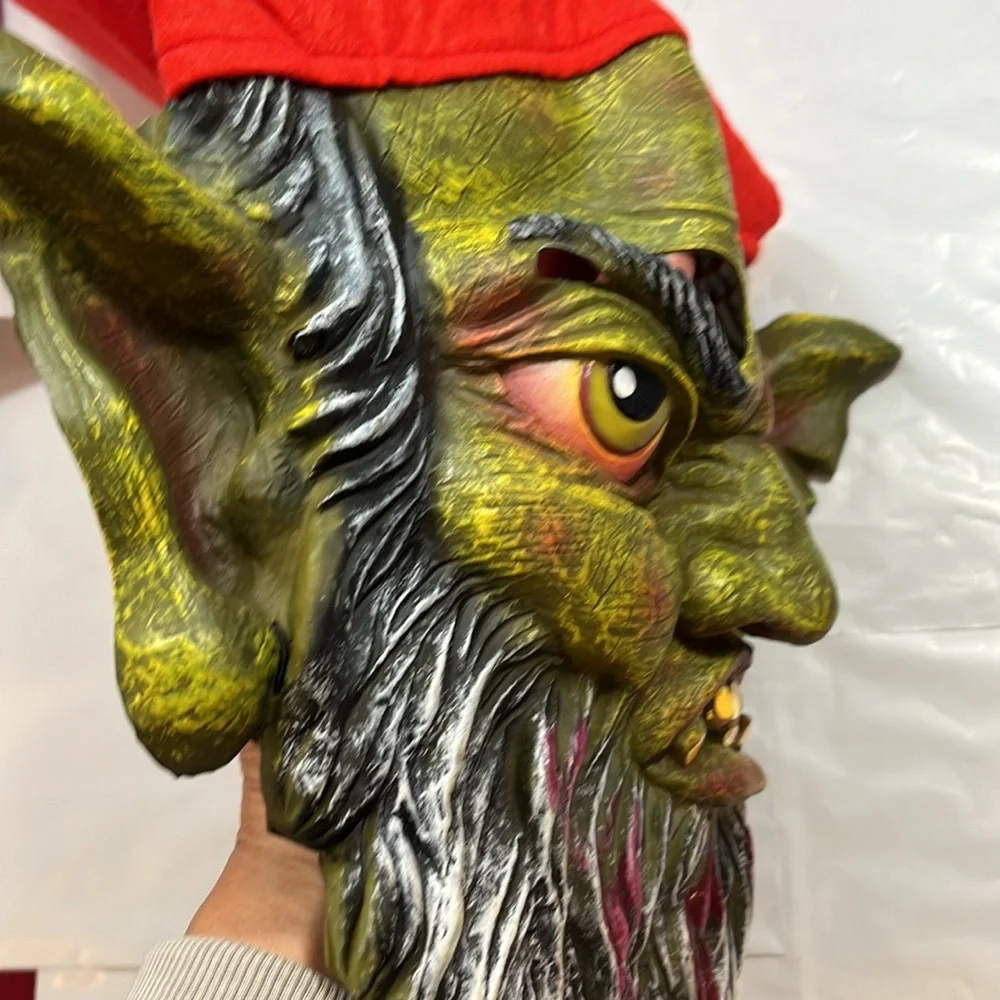 SCARY FACE horror mask GREEN GARDEN Gnome beard RED POINTY HAT Halloween monster
